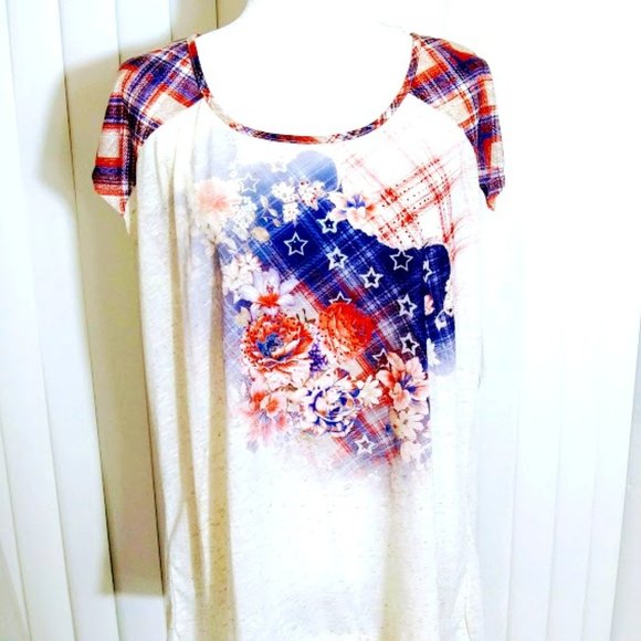 TEE*SLEEVELESS SHIRT*ENERGE BRAND*WOMEN XL*PLAID, STAR & FLORAL DETAILS. - Picture 1 of 8